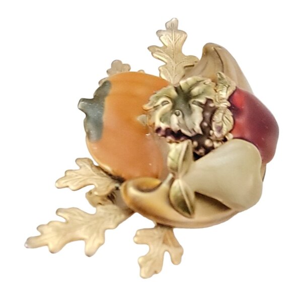 Gold Tone Red Orange Enamel Cornucopia Autumn Pumpkin Leaf Pin Brooch K121 - Picture 4 of 9